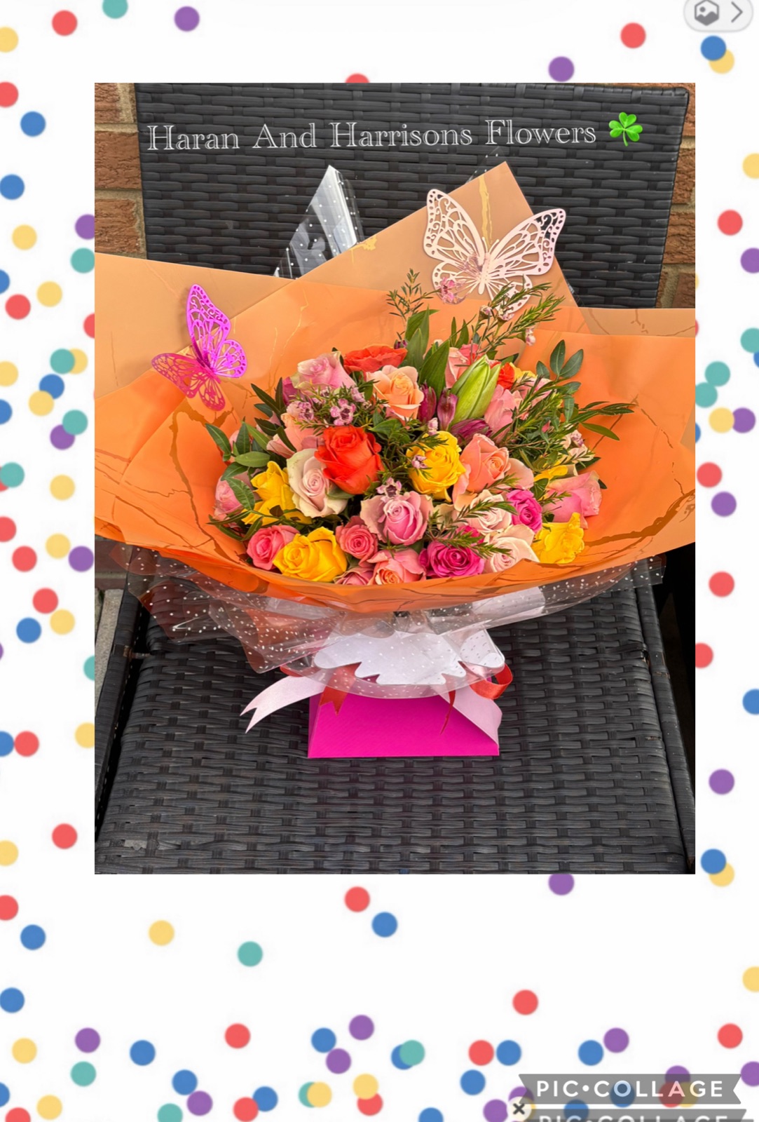 Bright mixed bouquet wrapped in orange